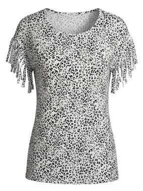 Fringe Sleeve Animal Print Tee - White/Black